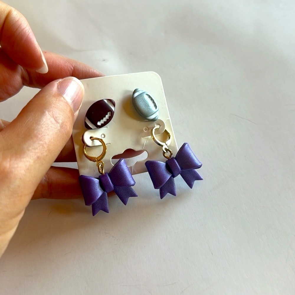 NWT Handmade Purple Bow Football Earrings